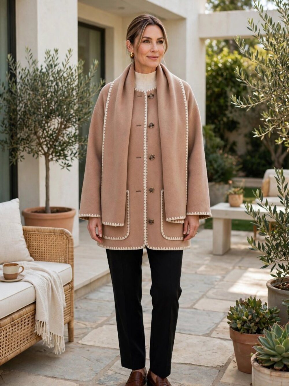 Quince Double-Faced Wool Scarf Jacket Camel M NWT Whipstitch